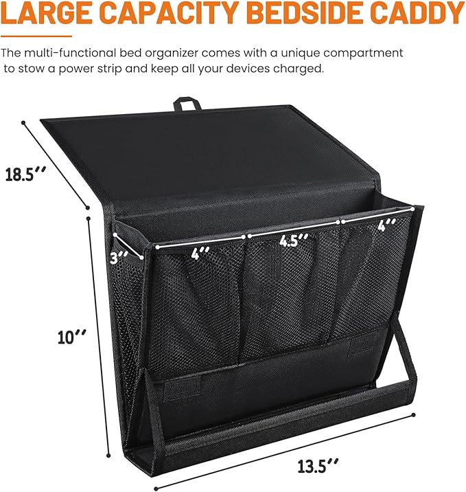 AKAYOK Bedside Caddy Hanging Bed Organizer Storage Bag Pocket with Power Strip Holder Multi-functional Organizer Caddy for Remotes Phone Glasses Magazines, Tablets, Accessories (7 pocket)
