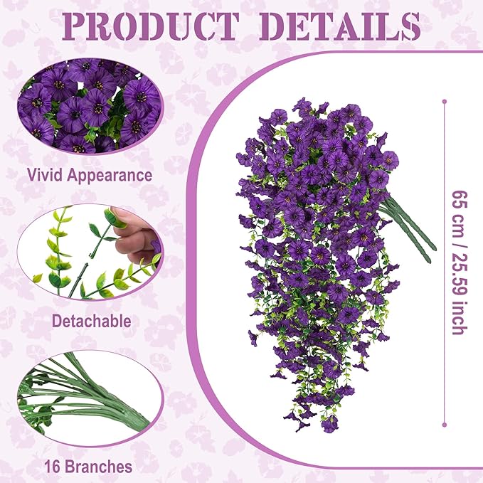 Artificial Hanging Petunias Flowers for Outdoor, 2pcs Fake Plants Long Vine Morning Glory Eucalyptus, UV Resistant Realistic Faux Greenery Outside Patio Porch Garden Spring Summer Decor, Dark Purple