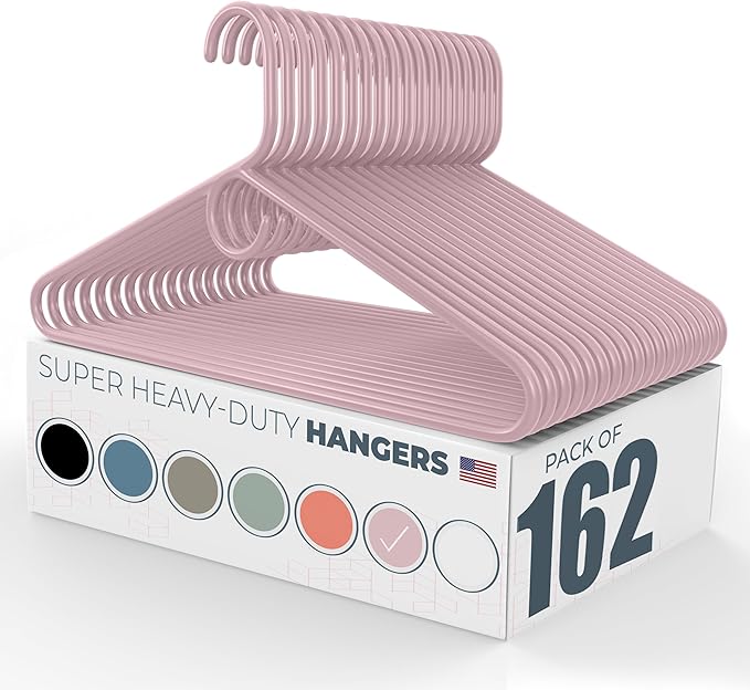 Neaties Super Heavy Duty Clothes Hangers 100+ Pack (162 Count) – Made in the USA - 10lb Capacity, Thick Plastic Hangers for Pants, Coats, Jackets, Jeans and Adult Clothing – Pink