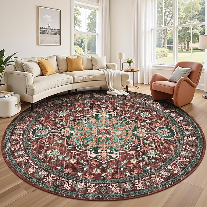 U'Artlines Boho Vintage Round Area Rug 8ft Machine Washable Low Pile Soft Floor Carpet Non Slip Non Shedding Accent Rug for Living Room Bedroom Entryway Dining Room Office Rust＆Teal