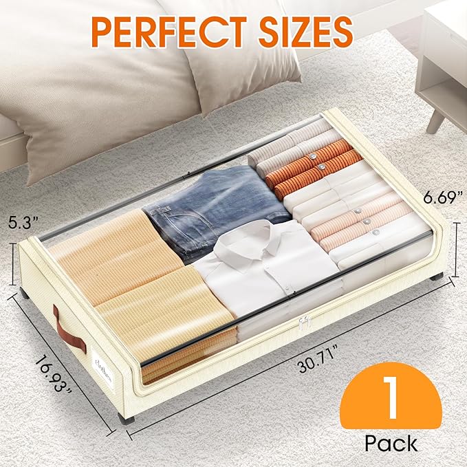 Under Bed Storage with Wheels 1Pack Underbed Storage with Clear Window&Label Under Bed Drawers Large Capacity Rolling Under Bed Storage for Clothes,Shoes, Blankets (Beige)