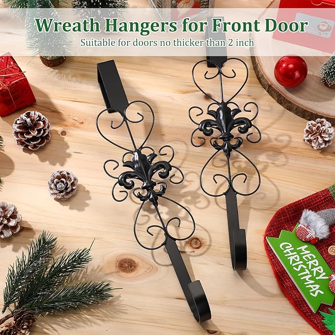2 Pcs Wreath Hangers for Front Door Heavy Duty Metal Wreath Hook 15.5 Inch Door Hanger Elegant Design Decor Wreaths Hanger for Easter Christmas Indoor Outdoor (Black)