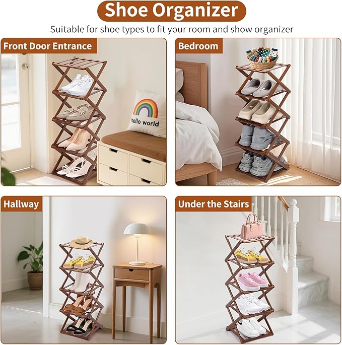 Shoe Rack Foldable, Portable Shoes Organizer Standing Shelf, Multifunctional Vertical Narrow Shoe Rack for Entryway, Closet, Bedroom and Hallway(Dark Brown, 5 Layers)