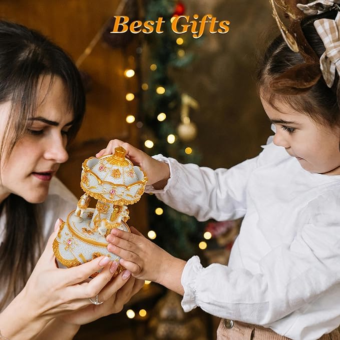 Carousel Music Box，Luxury Color Change LED Light Music Box,Luminous Rotating 3-Horse Musical Box with Gift Box for Girls Birthday Valentine Gift (You are My Sunshine, Light Gold)