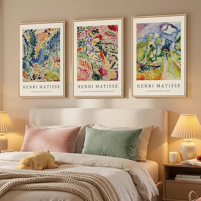Large Framed Matisse Wall Art for Living room, Set of 3 Colorful Abstract Landscape Canvas Artwork for Walls, Retro Vintage Matisse Famous Paintings Prints Pictures for Bedroom, Hallway Home Office, Total Size 30x60
