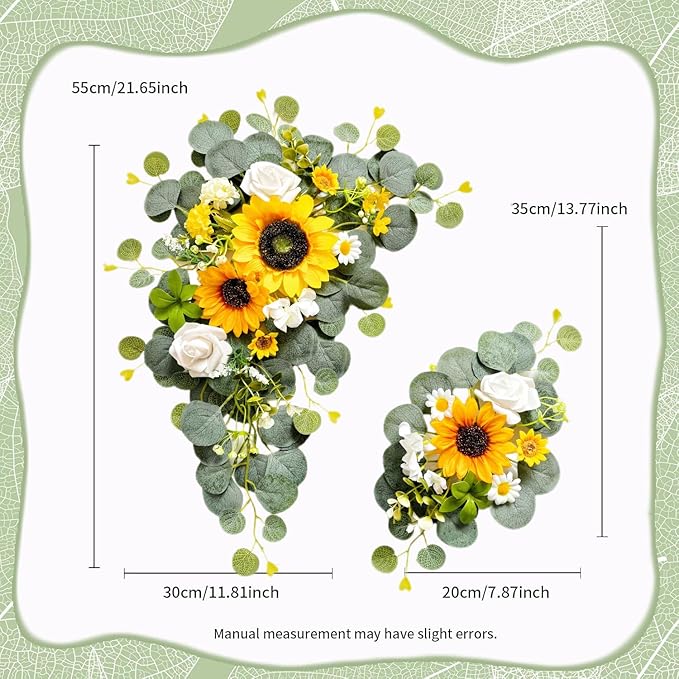 Odouzy Artificial Wedding Arch Flowers for Wedding Sign,Set of 2 for Welcome Ceremony Sign,Faux Floral Swags,Banquet and Reception Backdrop Floral Decoration (Green&Sunflower)