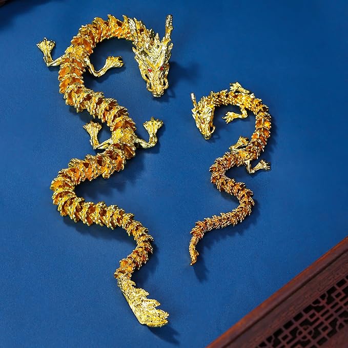 LIYAOLI Golden Dragon 3D Articulated Dragon 2024 Chinese Dragon Statue Metal Gold Dragon 15 Inch Luck Dragon for Home Office Desk Decoration
