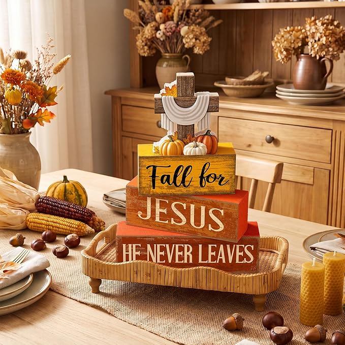 Lineshading 4 Pcs Fall Decoration for Home Rustic Fall Religious Wooden Stacked Sign Decor - Cross & Pumpkin Themed Table Decoration with Faith Quotes Thanksgiving Tiered Tray Decor for Office Church