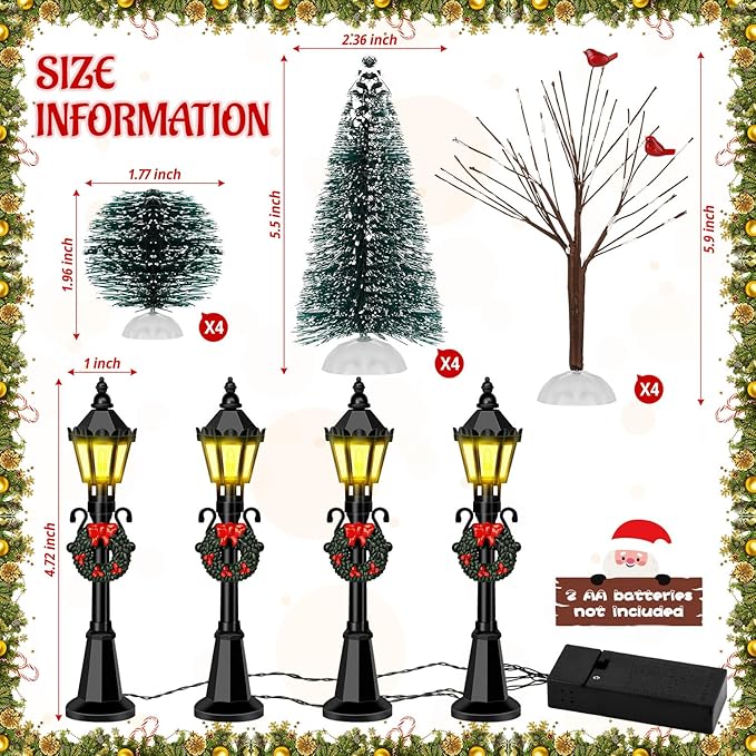 16 PCS Christmas Figurine Village Accessories, Mini Street Light Models with Brush Trees, Miniature Christmas Pathway Street Lamps Lantern Post for DIY Micro Landscape Fairy Garden