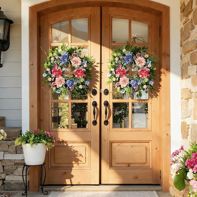 24 Inch Spring Wreaths for Front Door, Artificial Front Door Wreath with Daisy Peony Hydrangea Eucalyptus Green Leaves, Outside Floral Wreath for Home Porch, Home Decor for Indoor Outdoor Window Wall