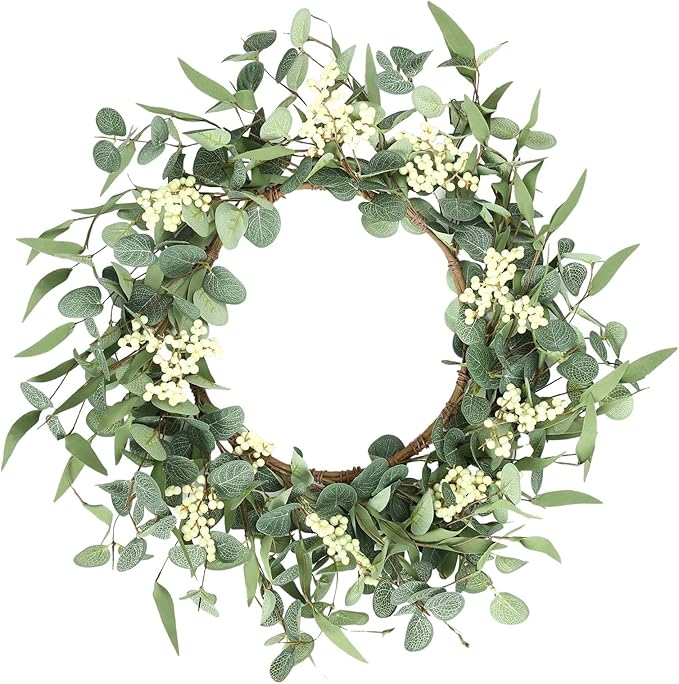 20 Inch Summer Wreaths for Front Door, Artificial Daisy Wildflower Lavender Front Door Wreath Spring,Green Eucalyptus Wreath for Window Wall Farmhouse Home Decor Porch Outdoor