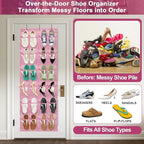 Over-the-Door Kids Shoe Organizer, Pink Shoe Rack for Door, 24 Crystal Clear Pockets, Heavy-Duty Hanging Organizer, 3 Metal Hooks for Toddler Shoes