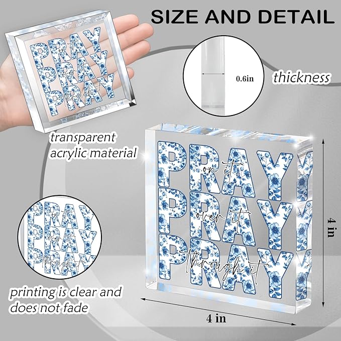 Blue and White Inspirational Decor, Blue Floral Chinoiserie Desk Decorations for Office, Ideal Christian Gifts for Women - Pray On It,Pray Over It - Bible Verse Desk Art, Dorm Room Decor for Women