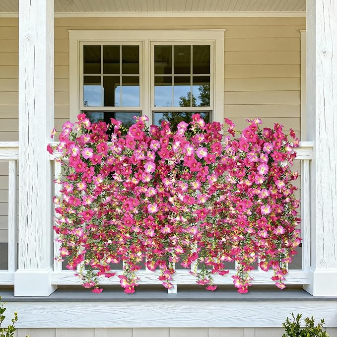 Artificial Fake Hanging Flowers Plants for Outdoor Spring Decoration,2 PCS Faux Silk Morning Glory with Eucalyptus Leaves,UV Resistant Realistic Trailing Vines for Balcony Porch Patio Yard Garden