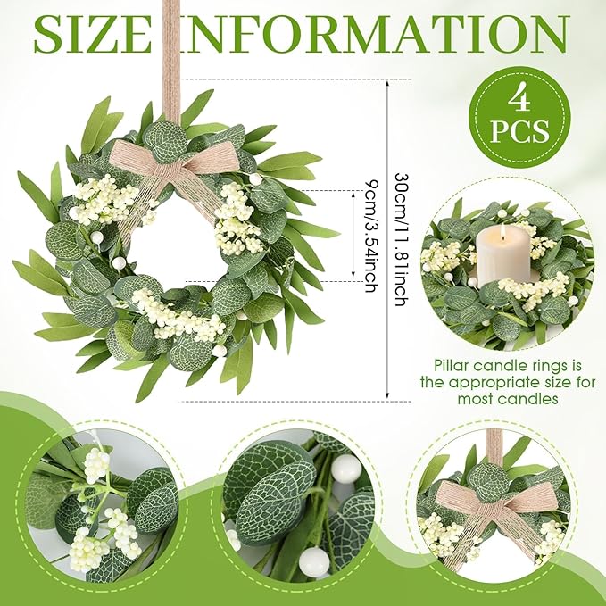 4 Pcs Green Eucalyptus Wreaths for Kitchen Cabinet Artificial Spring Summer Eucalyptus Wreath with White Berries Mini Green Wreaths with Ribbon for Front Door Porch Wall Window Farmhouse Decoration