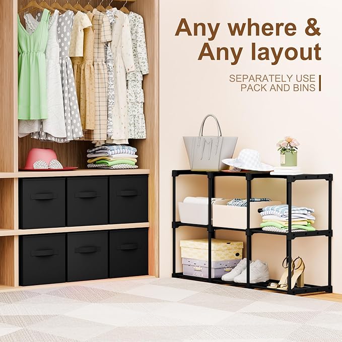 6 Cube Storage Organizer with Shelf Back to School Boxes 11 Inch Toy Storage Bins Closet Organizers Drawers Fabric Dresser for Playroom Books Bedroom Dorm Kitchen (Black)