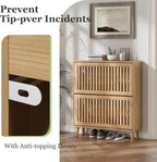 Shoe Storage Cabinet with Louvered 2 Flip Drawers, Narrow Shoe Cabinet Storage for Entryway, Freestanding Shoe Organizer Cabinet with Golden Handles, Slim Shoe Rack Cabinet 31.5in(Natural Wood)