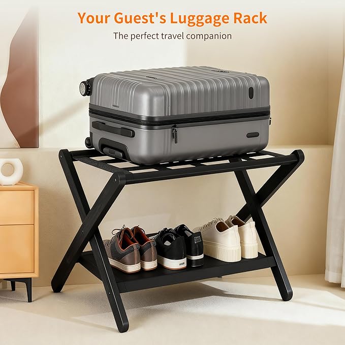 Heybly Luggage Rack, Folding Suitcase Stand with Storage Shelf, Heavy-Duty Luggage Holder for Guest Room Bedroom Hotel, Holds up to 165 lb, Black, HLR010B1