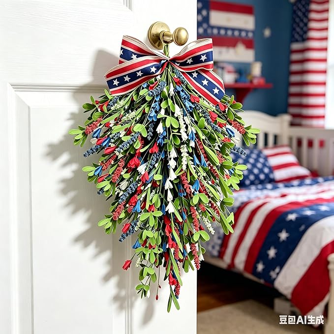 2 Pack 21'' Patriotic Teardrop Swag Wreaths for Cabinets Artificial 4th of July Swag Wreath with Red White Blue Floral and Berries for Independence Day Memorial Day Front Door Porch Window Wall Decor
