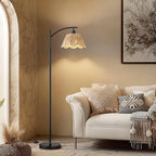Oneach Boho Rattan Floor Lamp for Living Room, Farmhouse Standing Lamp with Hand-Woven Shade, Black Metal Base & Pole, Foot Switch - Corner Reading Lamp for Bedroom