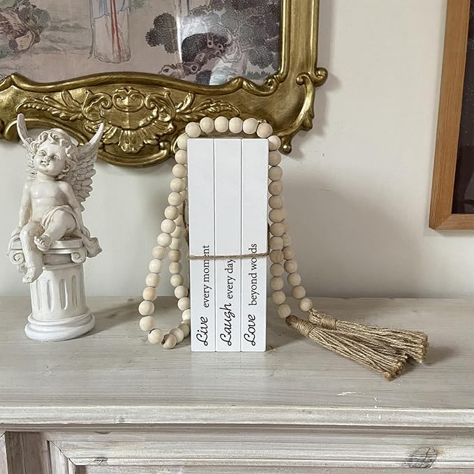 Decorative Books for Home Decor, White Faux Books for Decoration, Rustic Farmhouse Stacked Display Books with 52in Wood Bead Garland for Coffee Tables Living Room, (Live Laugh Love)