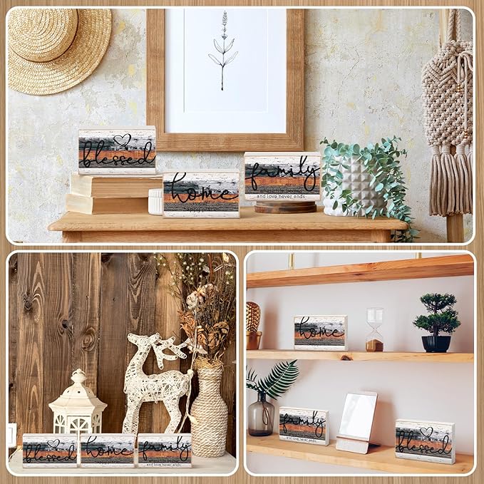 Jetec 3 Pcs Family Home Blessed Rustic Wood Sign Mini Heart Wood Decorative Sign Farmhouse Wood Decor Table Decorations Sign for Bedroom Kitchen Living Room Table Decor