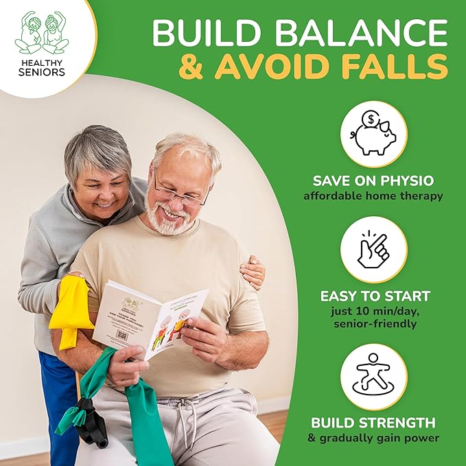 Chair Exercise Program with Two Resistance Bands, Handles and Printed Exercise Guide. Suitable for Rehab or Physical Therapy. Thoughtful Gift for Grandma or Grandpa