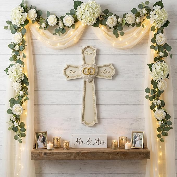 Grace4Joy Wedding Wall Cross, 10 Inches Marriage Prayer Cross Decor Vow Renewal Gifts, Hand Painted Faith Hope Love Wall Decor Religious Wedding Gifts for Couples