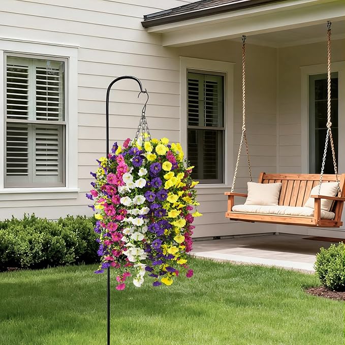Homsunny Artificial Fake Hanging Flowers Plants Baskets for Outdoor Spring Decoration, Faux Morning Glory Silk Flower for Outside Realise UV Resistant Patio Yard Balcony Porch Home Decor (Mixed 2)