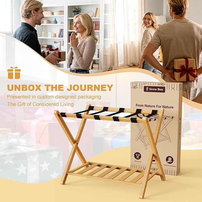 26.77"L Luggage Rack, Natural Luggage Rack for Guest Room, Bamboo Folding Suitcase Stand with Storage Shelf, 5 Nylon Straps, Heavy Duty Luggage Holder for Bedroom Hotel, 1 Pack, Gift Box Packaging
