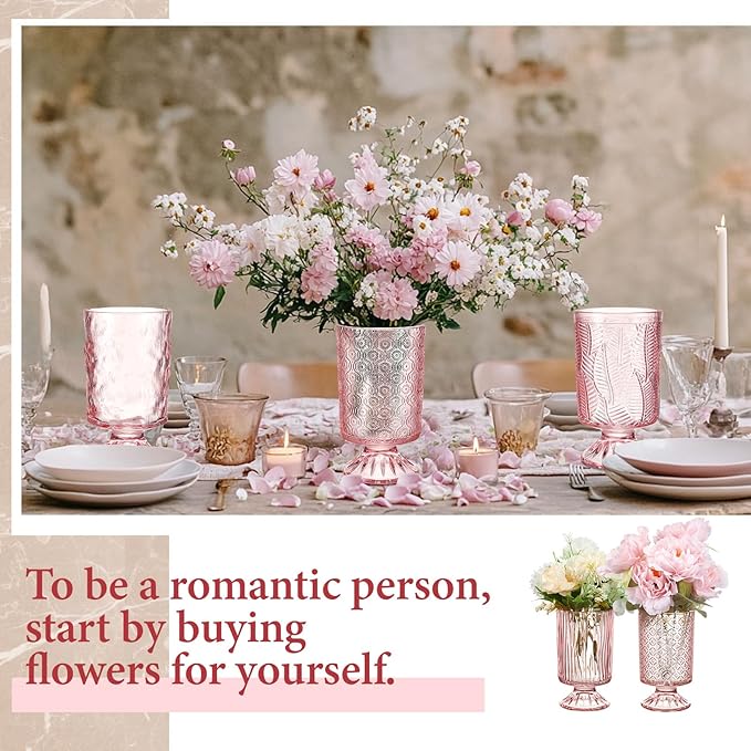 6 Pcs (H:7" W:4") Embossed Flower Vase Pedestal Glass Vase Big Base Thickened Crystal Vintage Vases for Valentines Day Wedding Home Decor Table Centerpiece House Warming Gifts(Pink)