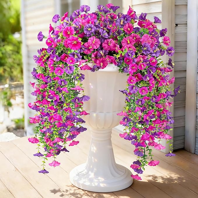 Artificial Hanging Flowers for Outdoors, 2 PCS UV Resistant Faux Silk 150 Morning Glory Each Trailing Vines, Fake Plants for Spring Outdoor Garden Planter Porch Patio Decoration, Fuchsia & LightPurple