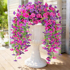 Artificial Hanging Flowers for Outdoors, 2 PCS UV Resistant Faux Silk 150 Morning Glory Each Trailing Vines, Fake Plants for Spring Outdoor Garden Planter Porch Patio Decoration, Fuchsia & LightPurple