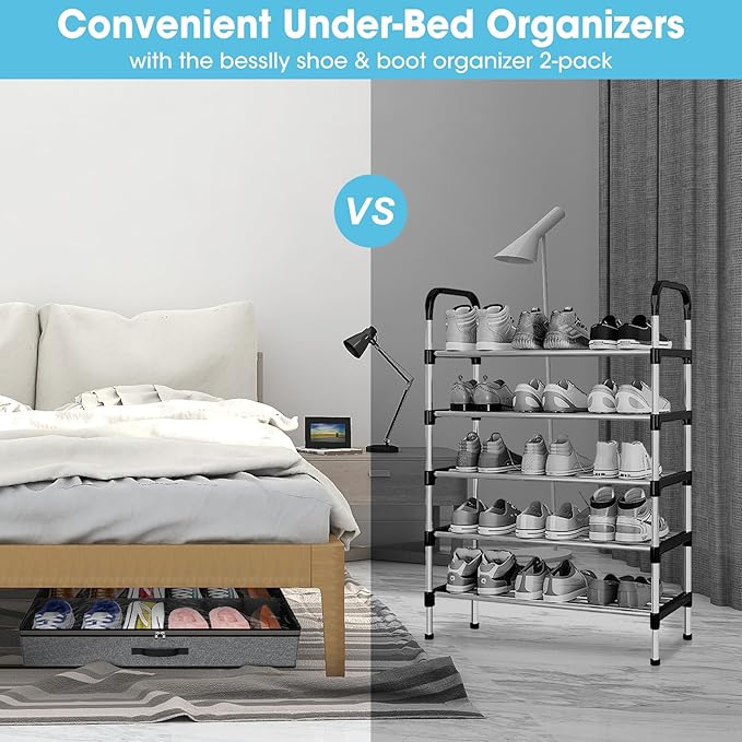 Under Bed Shoe Storage Organizer for Closet, Fits 24 Pairs Underbed Shoes Box Storage Containers Under the Bed Storage Foldable with Sturdy Handles&Clear Window for College Dorms Grey, Set of 2