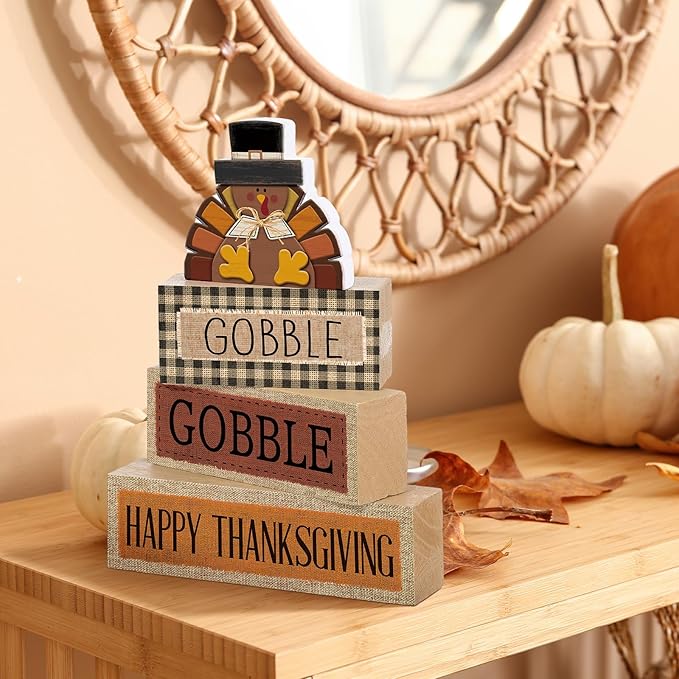Lineshading 4 Pcs Fall Table Decorations Wooden Turkey Decor Thanksgiving Tiered Tray Decor Fall Centerpiece Rustic Wood Turkey Block Sign for Gobble Harvest Party Home Kitchen Decorations