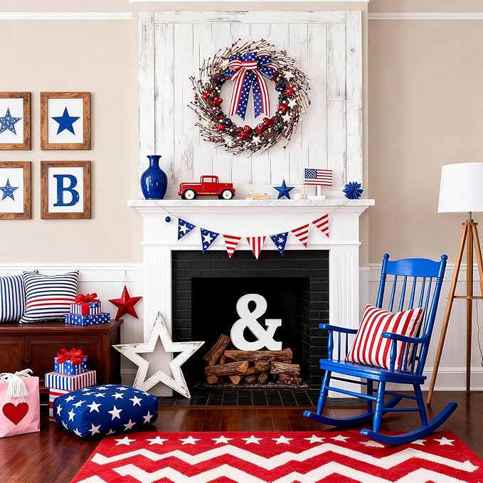 zjlmit 22 Inch 4th of July Wreath with Grapevine Base - Red White and Blue Berry Patriotic Wreath with Hanging Loop for Front Door, Independence Day & Memorial Day Decor