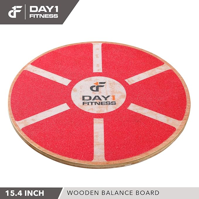 Day 1 Fitness Balance Board, 15.4” – RED - 360° Rotation, for Balance, Coordination, Posture - Large, Wooden Wobble Boards with 15° Tilting Angle for Workouts - Premium Core Trainer Equipment