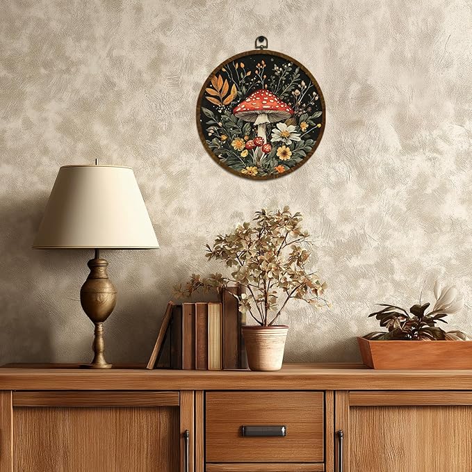 Vintage Mushroom Wildflower Wall Art Decor, Fantasy Forest Botanical Illustration Round Frame Wall Hanging Decor, Retro Botanical Canvas Prints Wall Art for Bedroom Living Room 10x10 Inch (MG04)