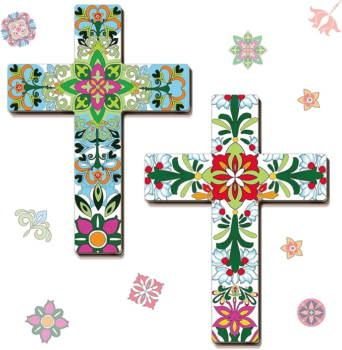 Pinkunn 2 Pcs Mexican Cross Wall Decor Floral Day of The Dead Decoration Hand Painted Wood Wall Art Dia De Los Muertos Altar Decorations Spanish Cross Decor for Home(Vibrant Flower)