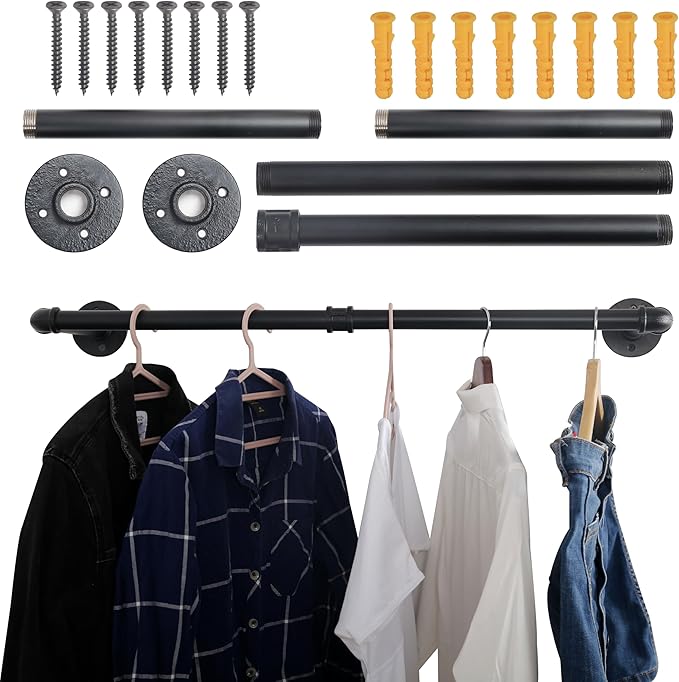 WEBI Clothing Rack Wall Mount,32" Industrial Pipe Clothes Rack for Hanging Clothes,Heavy Duty Iron Garment Rack Bar,Retail Display Clothes Rod for Closet,Laundry Room,Black