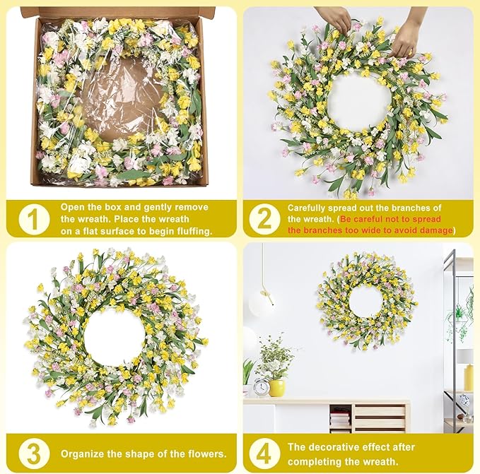 Artgar Front Door Wreath 24 Inch Spring/Summer Wreaths for Front Door, Front Door Wreaths for All Seasons for Indoor Outdoor Home Office Wall Window Wedding Farmhouse Holiday Decor (Yellow)