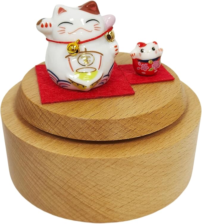 Briskfeel Rotating Lucky Cat Music Box | Ceramic Maneki Neko Figurine on Wooden Base Musical Box | Feng Shui Wealth & Prosperity Decoration | Desk Decor Good Fortune Gift (Lucky Cat)