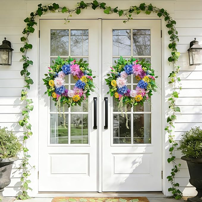 Spring and Summer Wreaths for Front Door 24 Inch Summer Wreath with Vibrant Dahlia, Gerbera Daisy & Primula Floral Arrangement - All Seasons Summer & Spring Door Wreath for Outside Decor