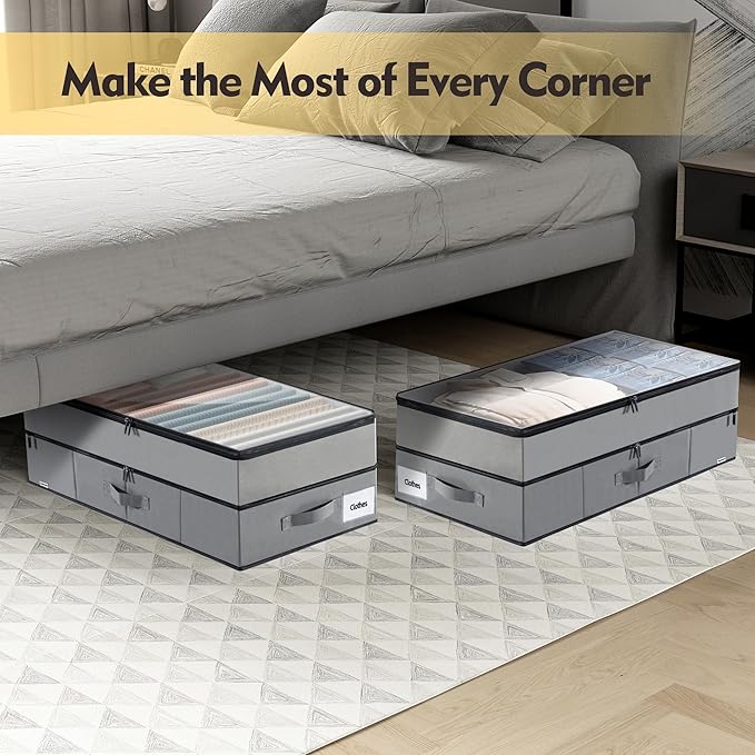 Large Under Bed Storage Containers, 2-Pack Double Layer Underbed Storage Bins with 3 Handles, 70L Extensible/Closed Clothes Storage Organizer with Sturdy Bottom Sidewalls, Grey