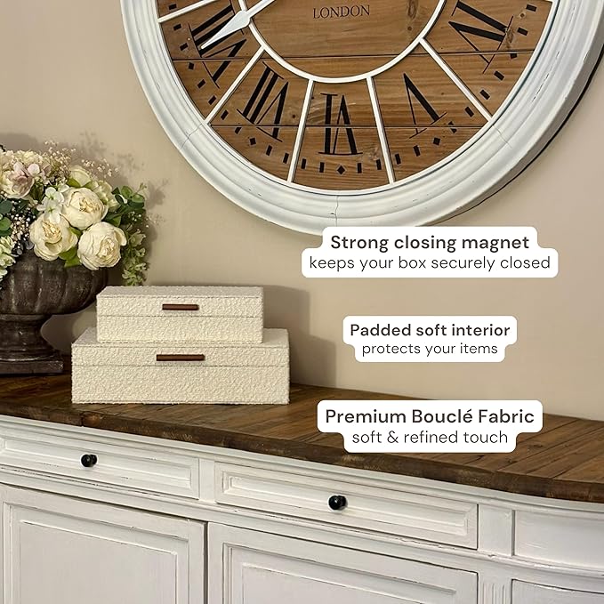 Set of 2 Ivory Bouclé Fabric Decorative Boxes with Wooden Handles, Modern Jewelry Boxes, Storage Boxes, Keepsake Boxes, Photo Memory Organizer, 14.2x8.6x3.5in
