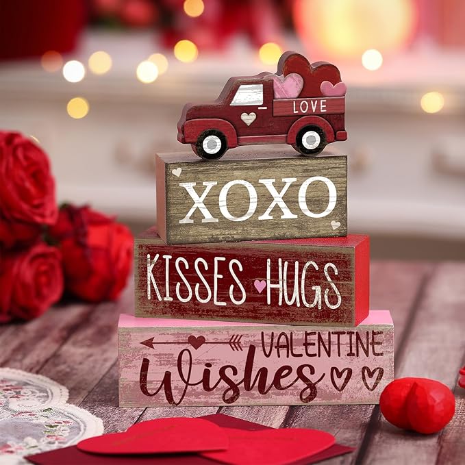 Lineshading 4 Pcs Valentine's Day Table Decoration Wooden Heart Truck Decor Valentine Tiered Tray Decor Valentine's Day Centerpiece Rustic Decorative Truck Block Sign Farmhouse for Home Kitchen Shelf