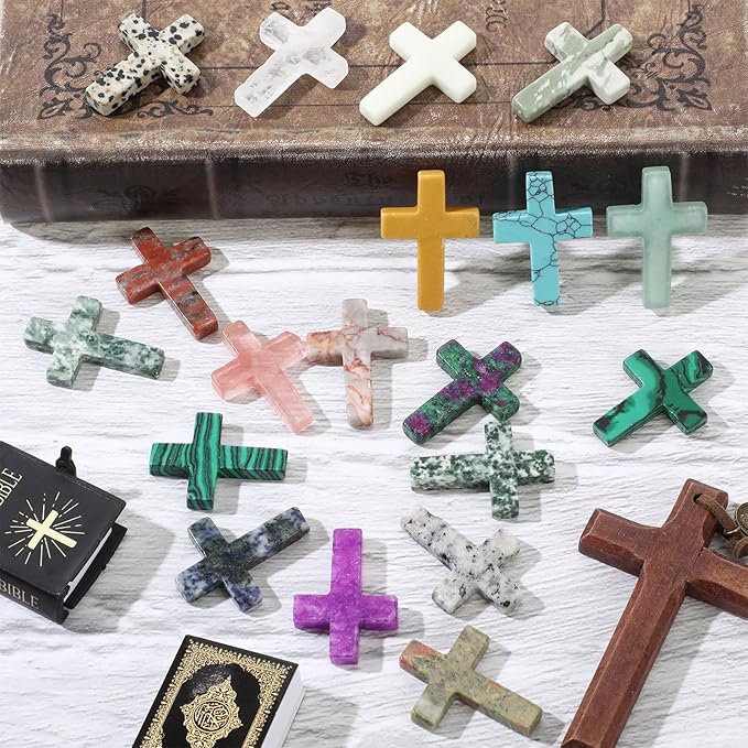 Nuenen 50 Pcs Cross Charm for Women Man Celebration Grad Decor Crystal Pocket Cross Necklace Natural Worry Stone Gift for Jewelry Making Craft Festival Decor(1.77 x 1.38 x 0.24 Inch,Cute)