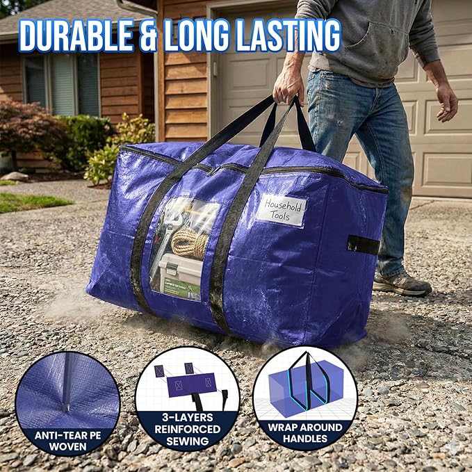TAILI 12 Pack Dark Blue Extra Large Moving Bags, Heavy Duty Totes with Visible Window, Wrap Around Handles, Great for Space-Saving