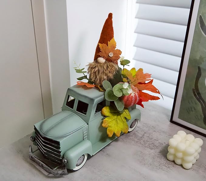 Vintage Turquoise Metal Truck with Gnomes Pumpkin Maple Leaf Farmhouse Table Top Fall Decor, Autumn Themed Thanksgiving Old Pickup Truck Decorations for Home Table Shelf, 12 inch