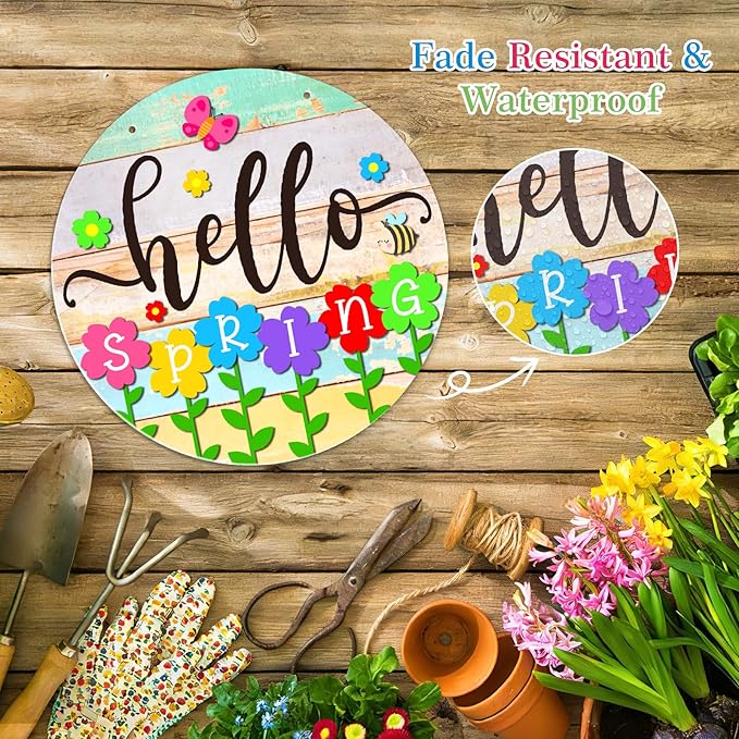 PETCEE Hello Spring Door Sign - 11.5" Colorful Flowers Spring Sign for Front Door Welcome Spring Decoration Wreath Farmhouse Welcome Spring Hanging Sign for Home Door Wall Porch Indoor Outdoor Decor